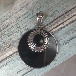 Vintage 925 Black Onyx Oval Gemstone Necklace Sterling Silver pendant